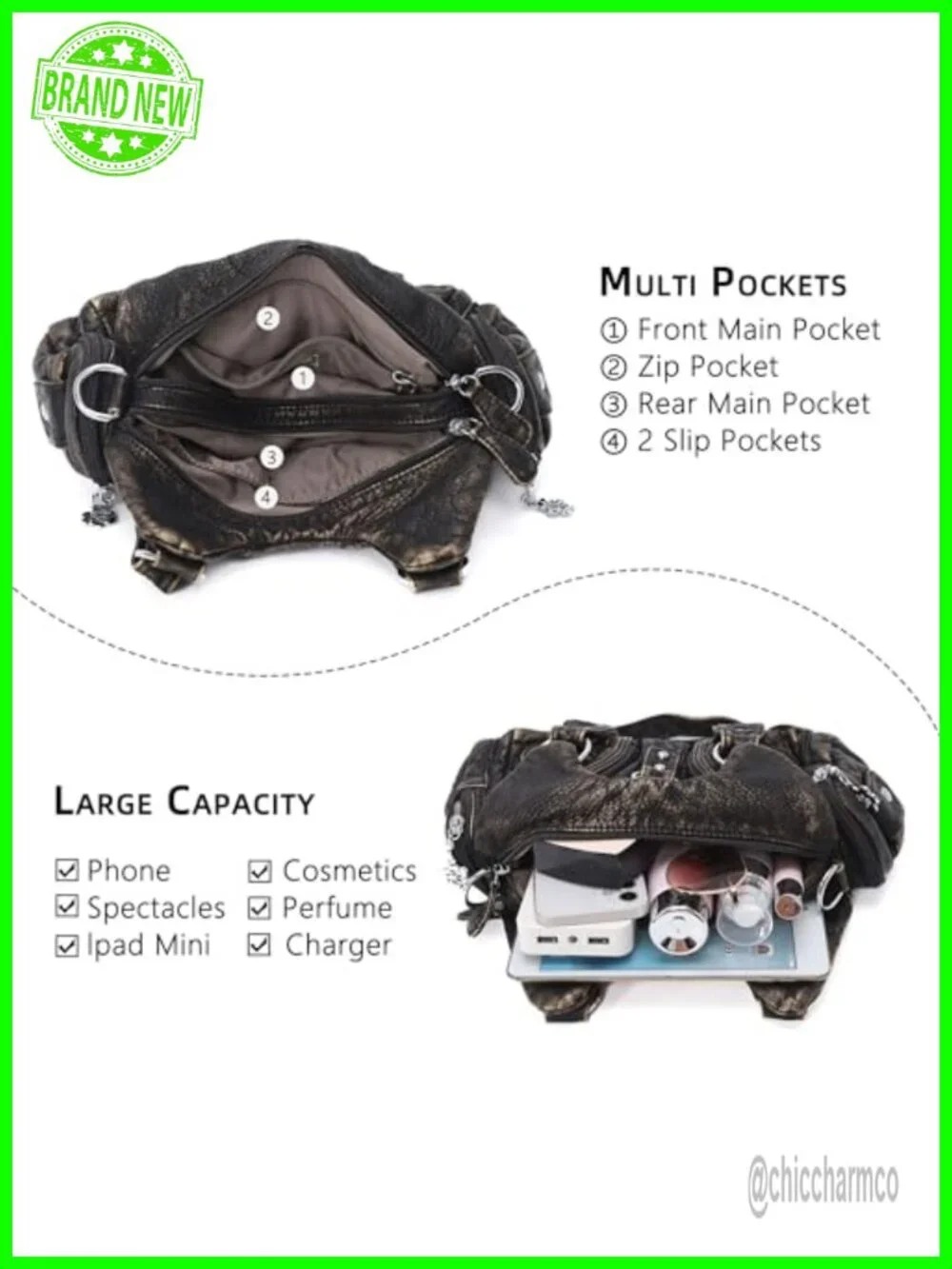 Small Hobo Shoulder Bag Faux Leather Multi-Pocket Tote with Zipper